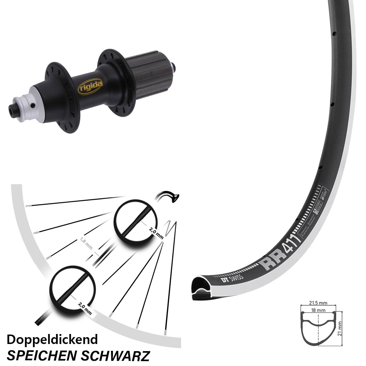 Hinterrad 28 Zoll DT Swiss RR 411 OS Rigida RWS 8-11 fach für Schnellspanner