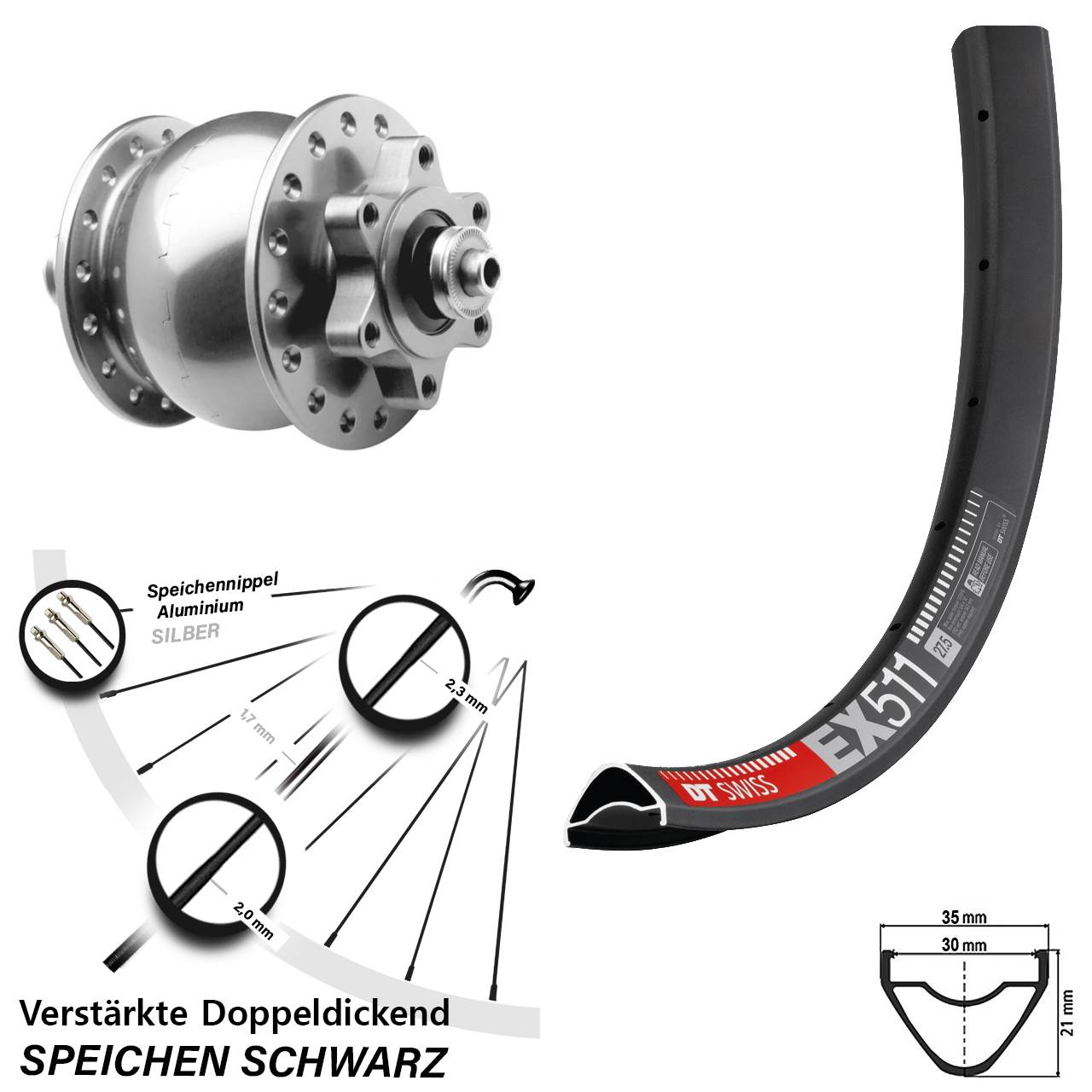 27,5 Zoll DT Swiss EX511 SON 28 Disc Vorderrad mit Nabendynamo für Schnellspanner