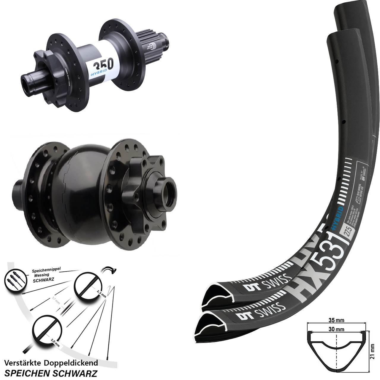 29 Zoll DT Swiss HX531 350 Hybrid SON 28 Laufradsatz 6-Loch 15x110 12x148 Micro Spline