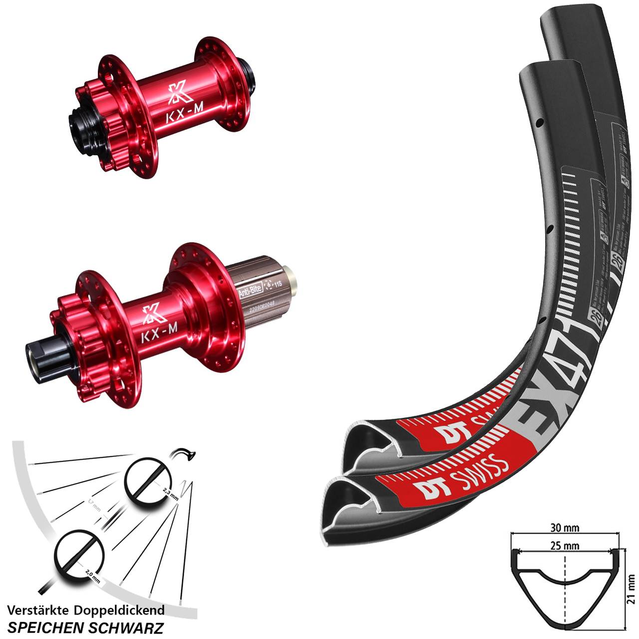 26 Zoll DT Swiss EX 471 Disc Laufradsatz 12x100/142 KX-M rot 8-12 fach HG