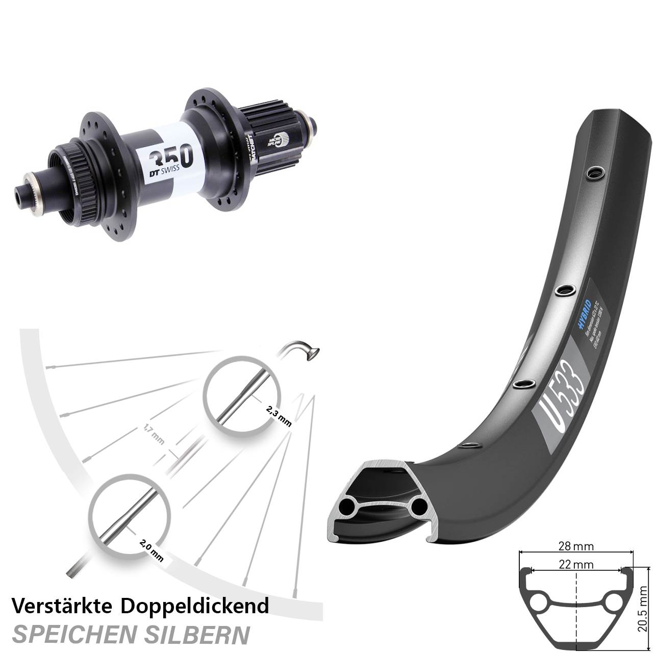 DT Swiss U 533-350 Ratchet 36 28-29 Zoll Hinterrad für Schnellspanner Micro Spline
