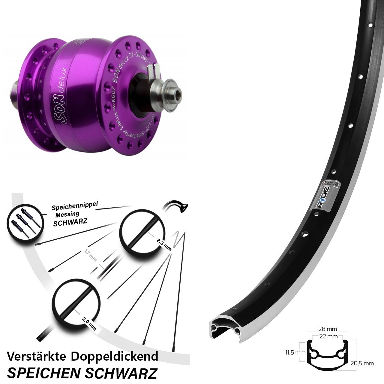 Nabendynamovorderrad QR 27,5 Zoll Ryde Andra 35 SONdelux violett