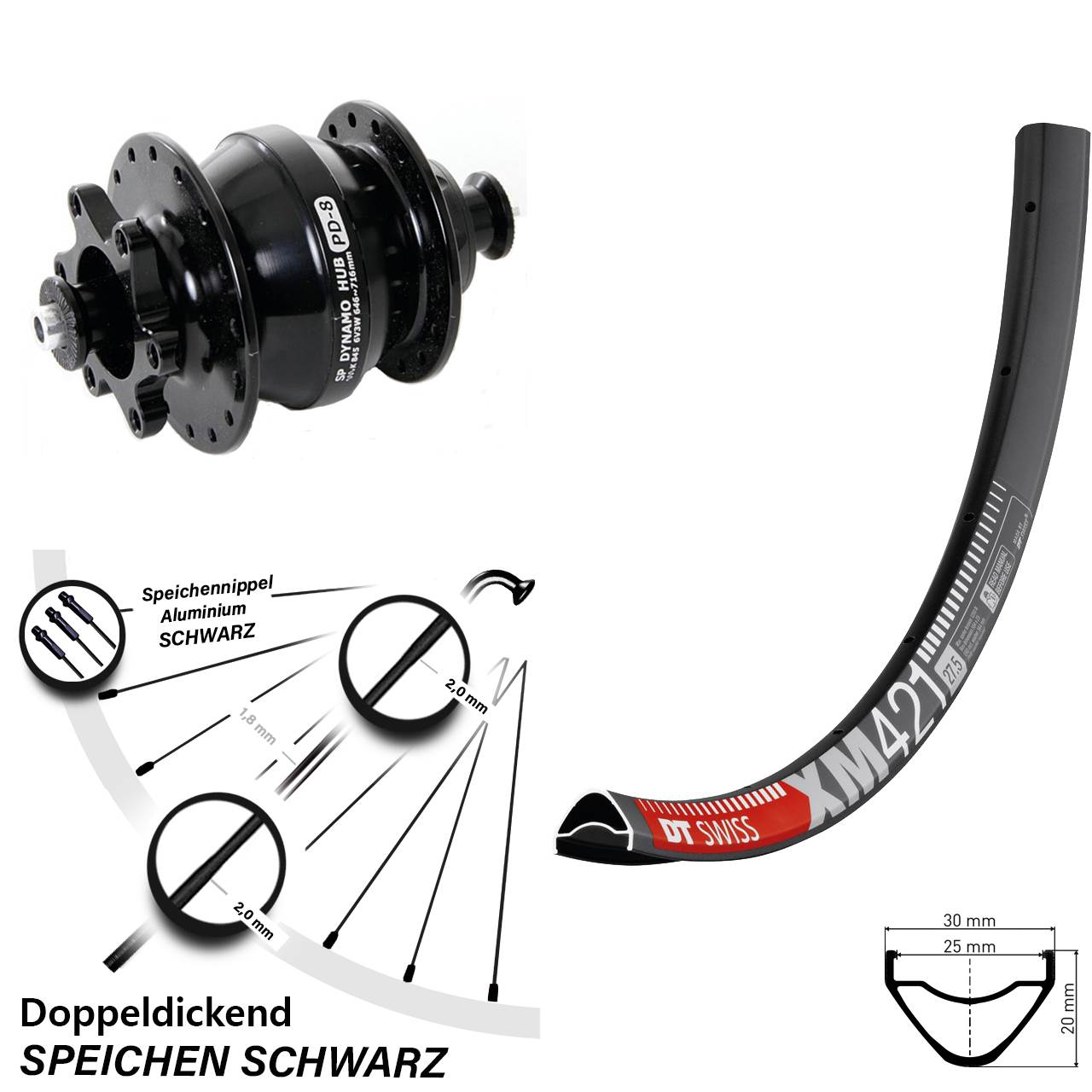 DT Swiss XM421 Shutter Precision PD-8 650B 6-Loch Nabendynamo-Vorderrad QR