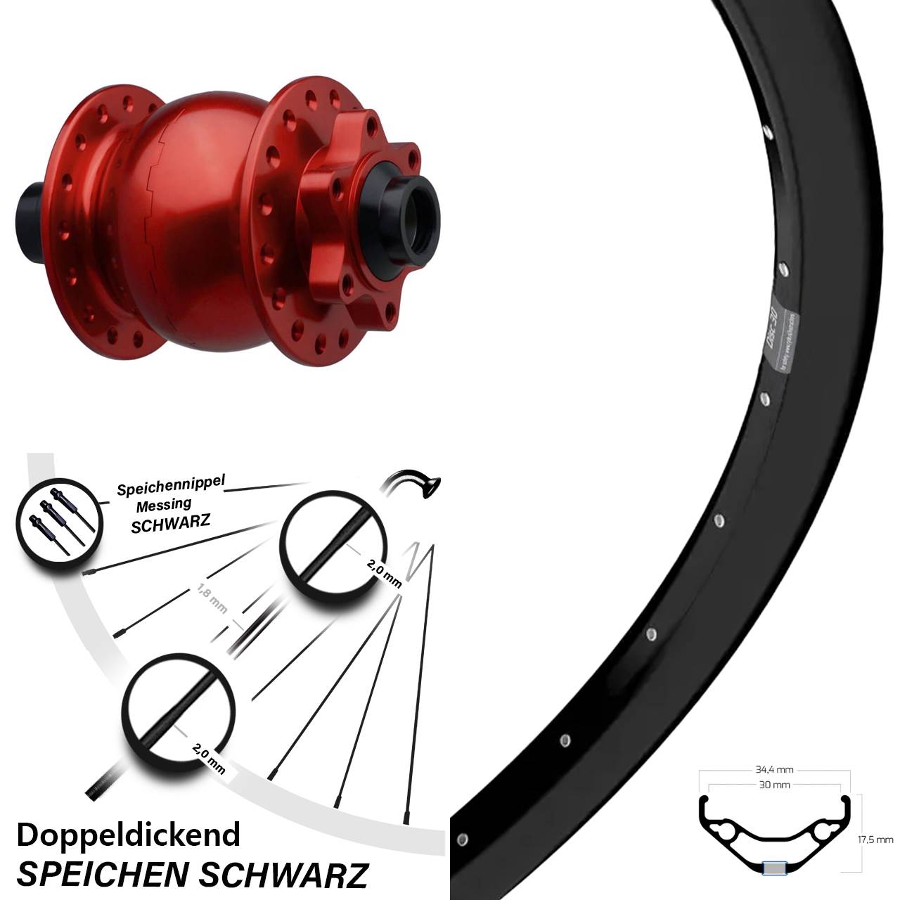 6-Loch Dynamo-Vorderrad 29 Zoll Ryde Disc 30 SON 28 rot 15x110 Boost