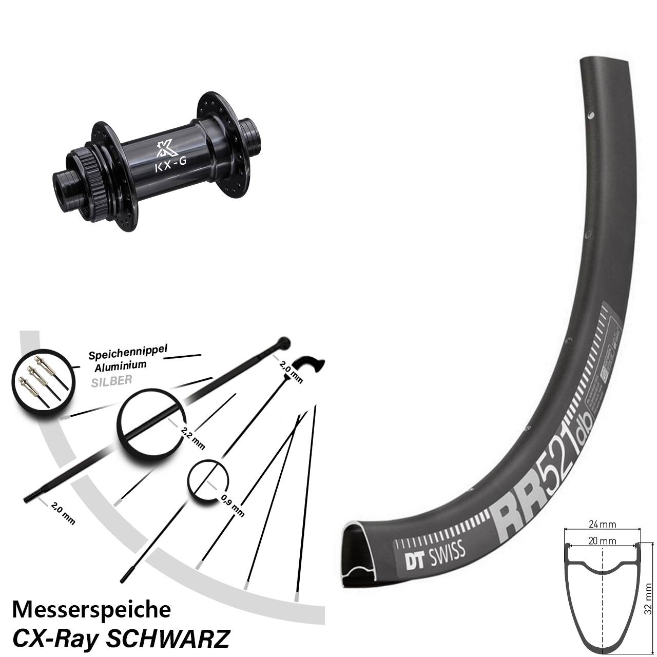 Vorderrad Road Disc DT Swiss RR 521 CX Ray Messerspeichen KX-G 28 Zoll Centerlock