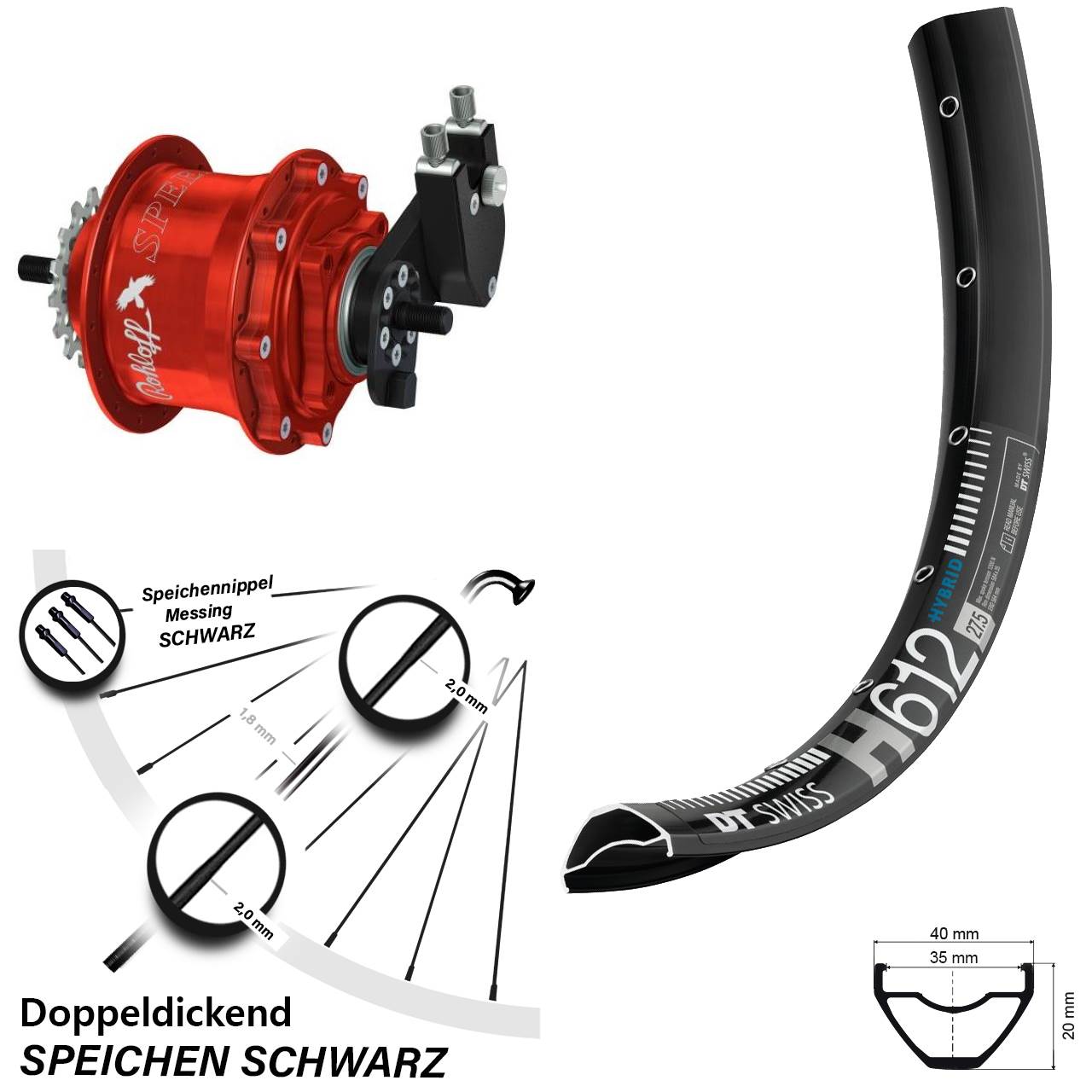 DT Swiss H 612 Rohloff Speedhub TS DB OEM Tandem rot 27,5 Zoll Disc Hinterrrad