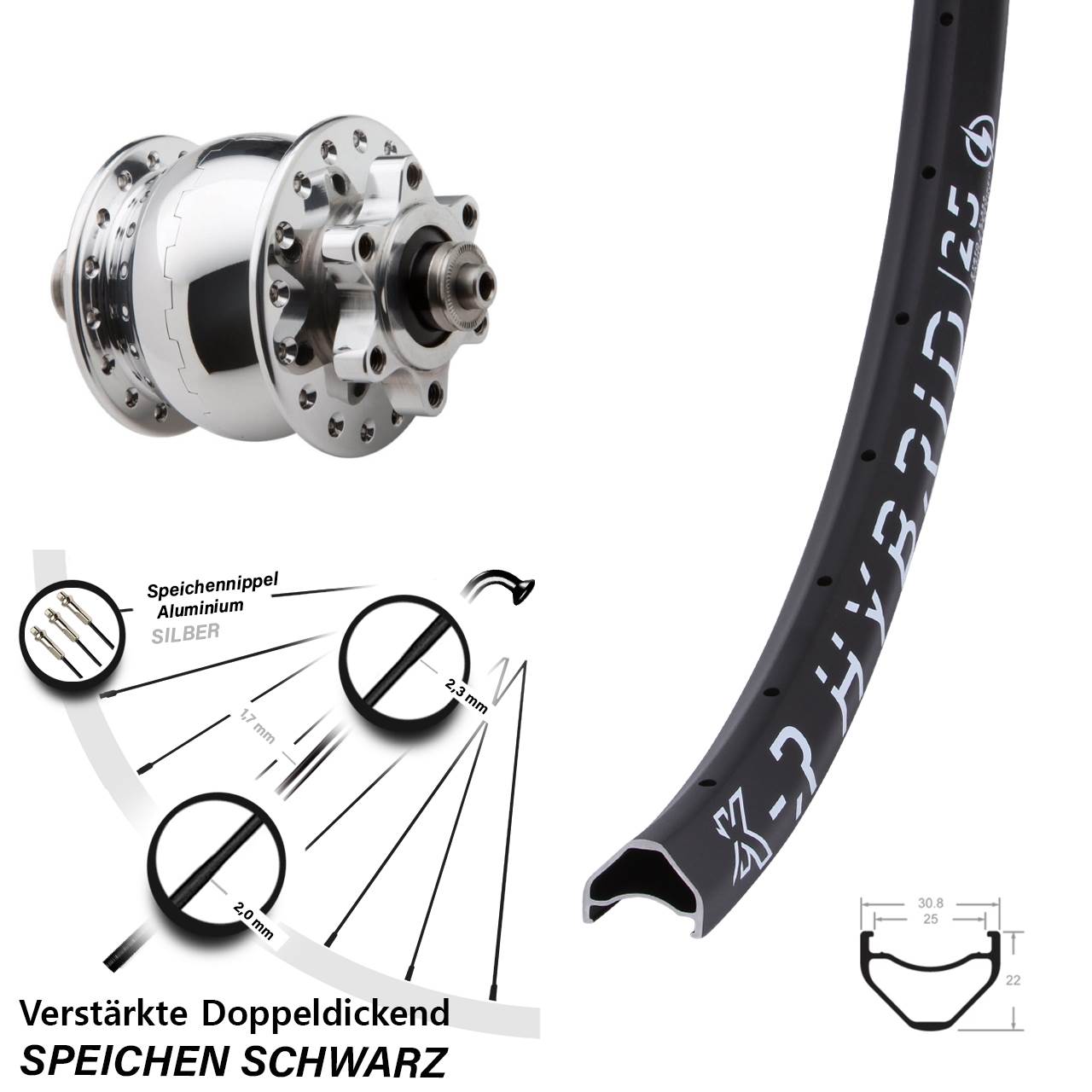 Disc Laufrad mit Nabendynamo 26 Zoll KX-R Hybrid 25 SON 28 für Schnellspanner