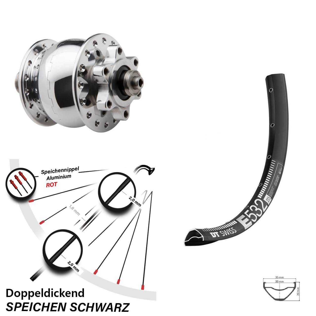 SON 28 poliert DT Swiss E 532 27,5 Zoll Disc Laufrad mit Nabendynamo für Schnellspanner