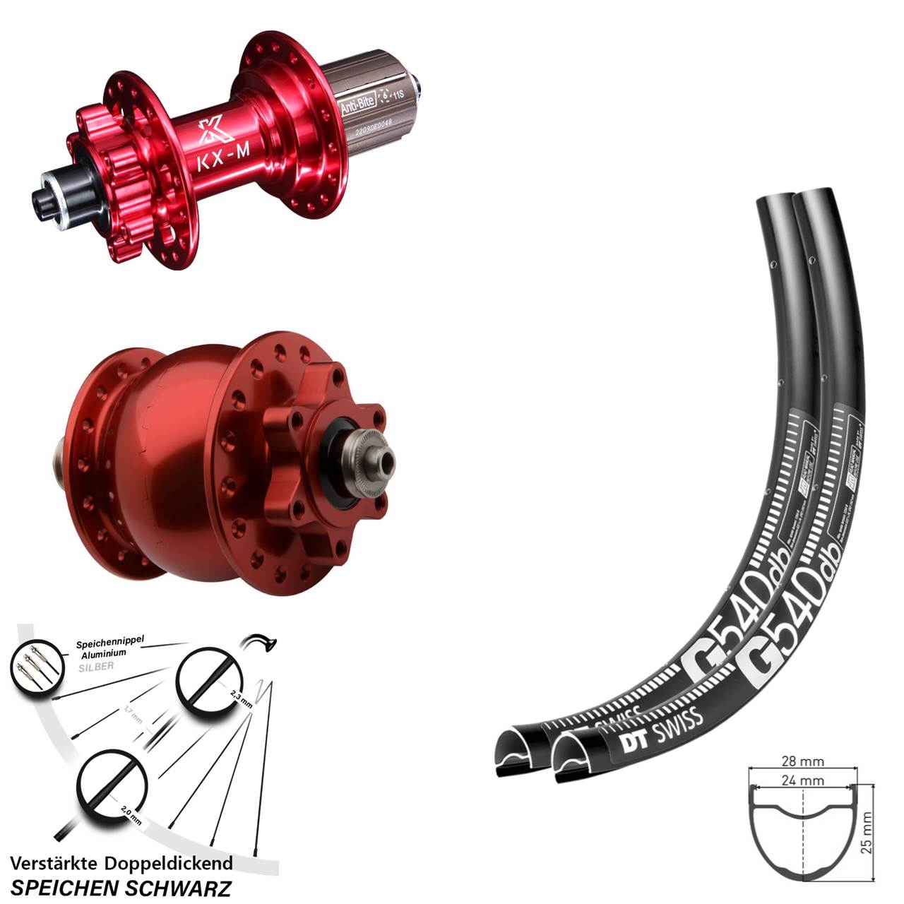 DT Swiss G540 KX-M rot Disc 6-Loch SON 28 Zoll Laufradsatz für Schnellspanner 8-12 fach