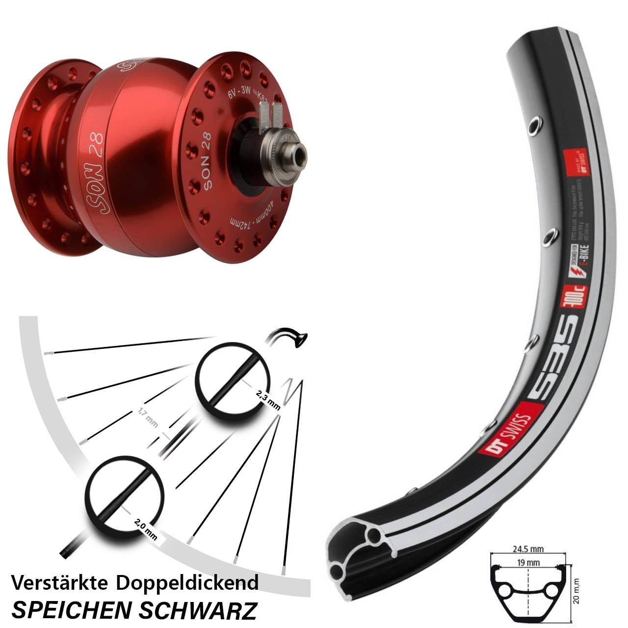 Nabendynamo rot eloxiert SON 28 Zoll DT Swiss 535 Vorderrad verstärkt