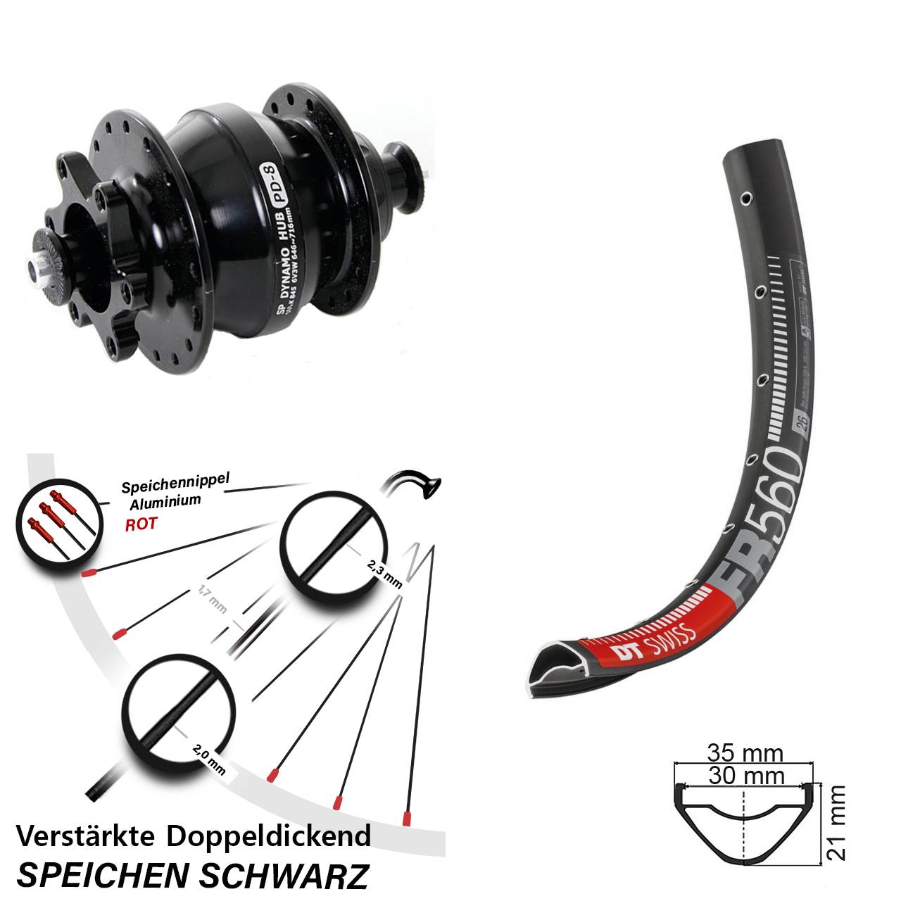 Nabendynamovorderrad 6-Loch 26 Zoll DT Swiss FR560 Shutter PD-8 QR