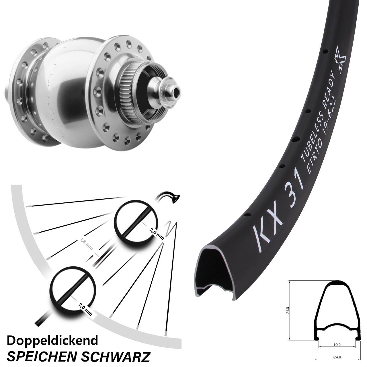 Disc Laufrad mit Nabendynamo QR 28 Zoll KX31 SON 28