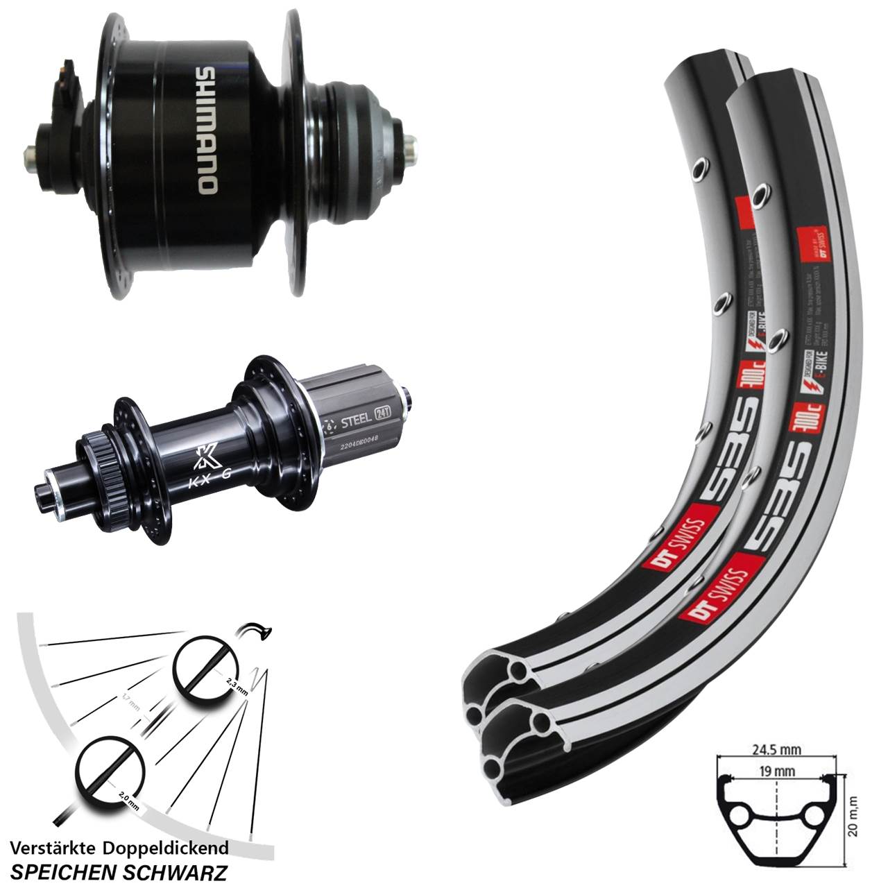 Laufradsatz 28 Zoll DT Swiss 535 KX-GS verstärkt Shimano DH3D72 8-12 fach QR