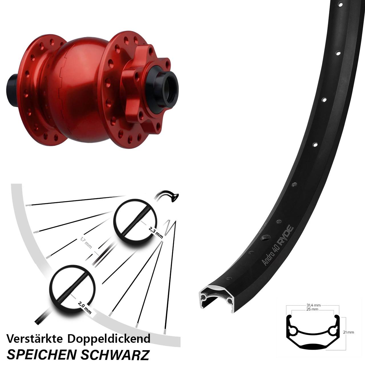 27,5 Zoll Ryde Andra 40 SON 28 rot Disc Vorderrad mit Nabendynamo 15x110 Boost