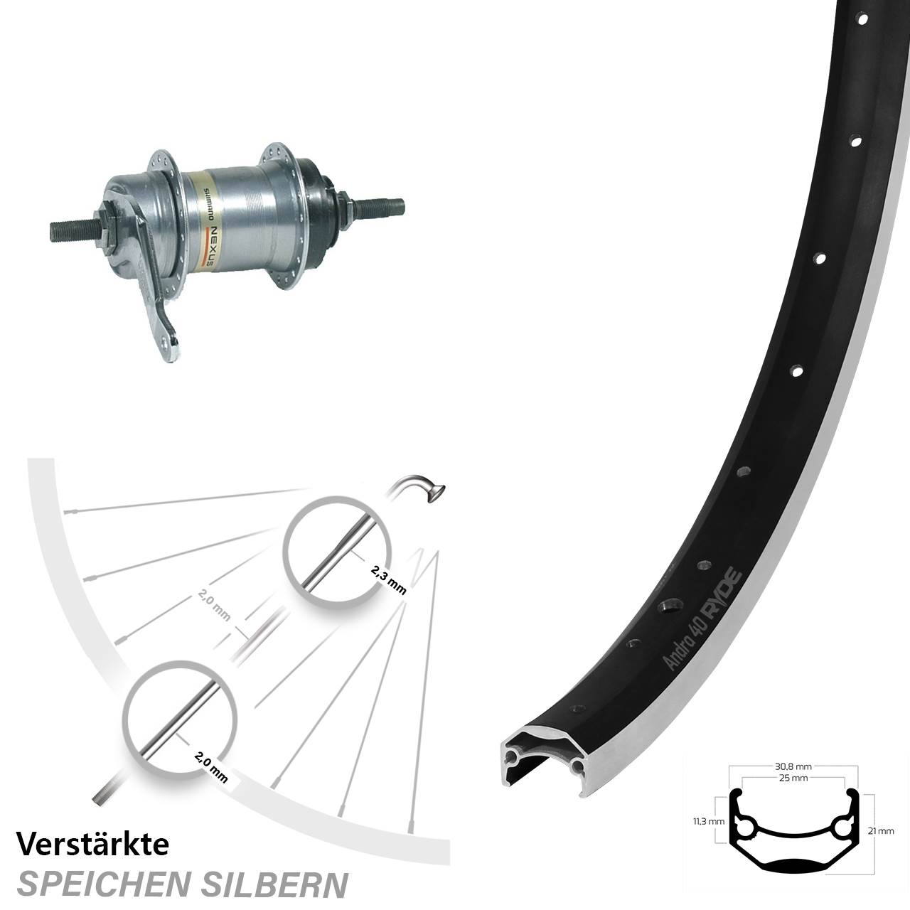 Hinterrad 26 Zoll Ryde Andra 40 Shimano Nexus Inter 3 Nabenschaltung mit Rücktritt