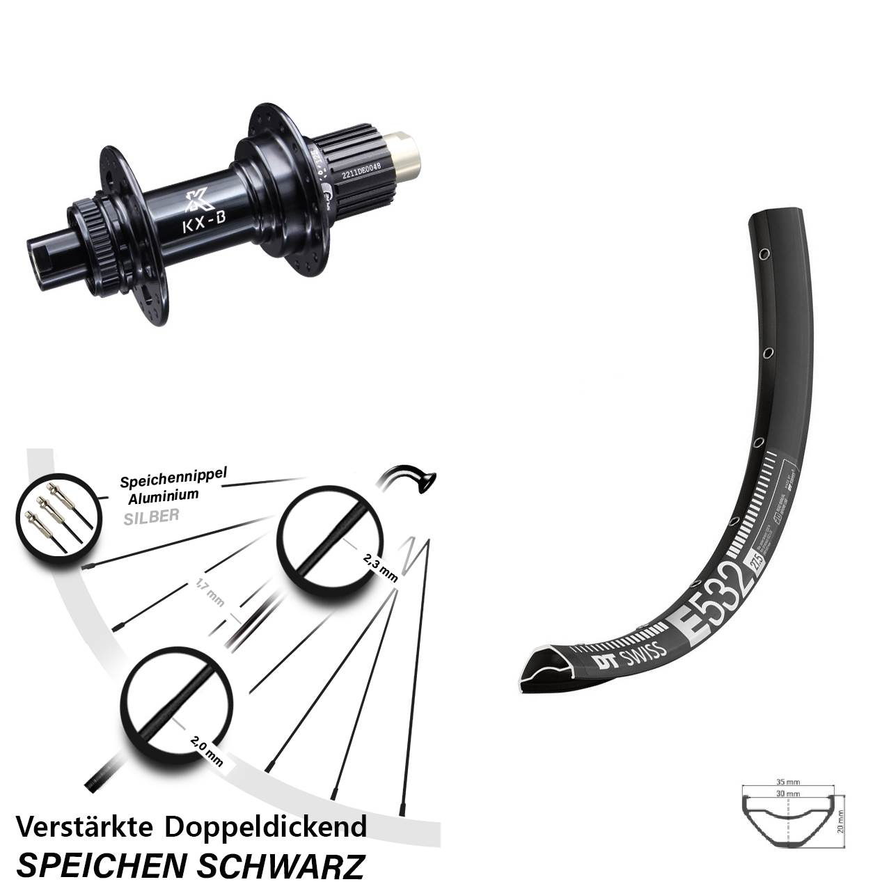 DT Swiss E 532 Hinterrad 29 Zoll KX-B Boost 12x148 mm Centerlock Micro Spline