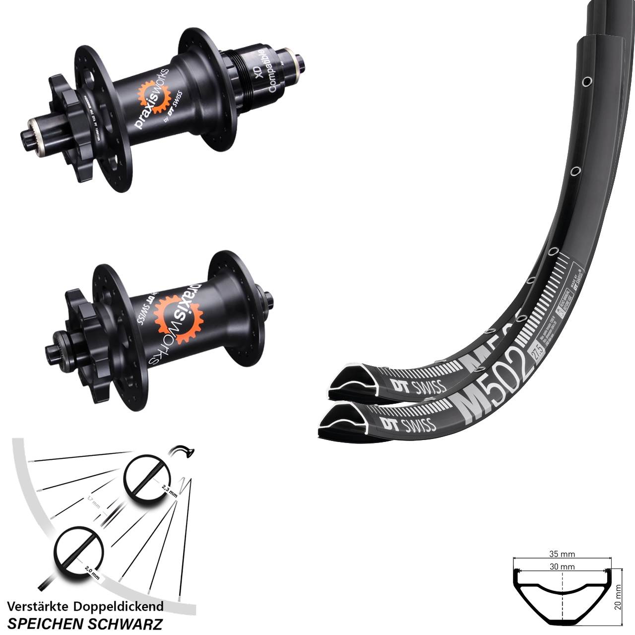 Laufradsatz für Schnellspanner 27,5 Zoll DT Swiss M502-350 QR Disc 6-Loch Sram XD
