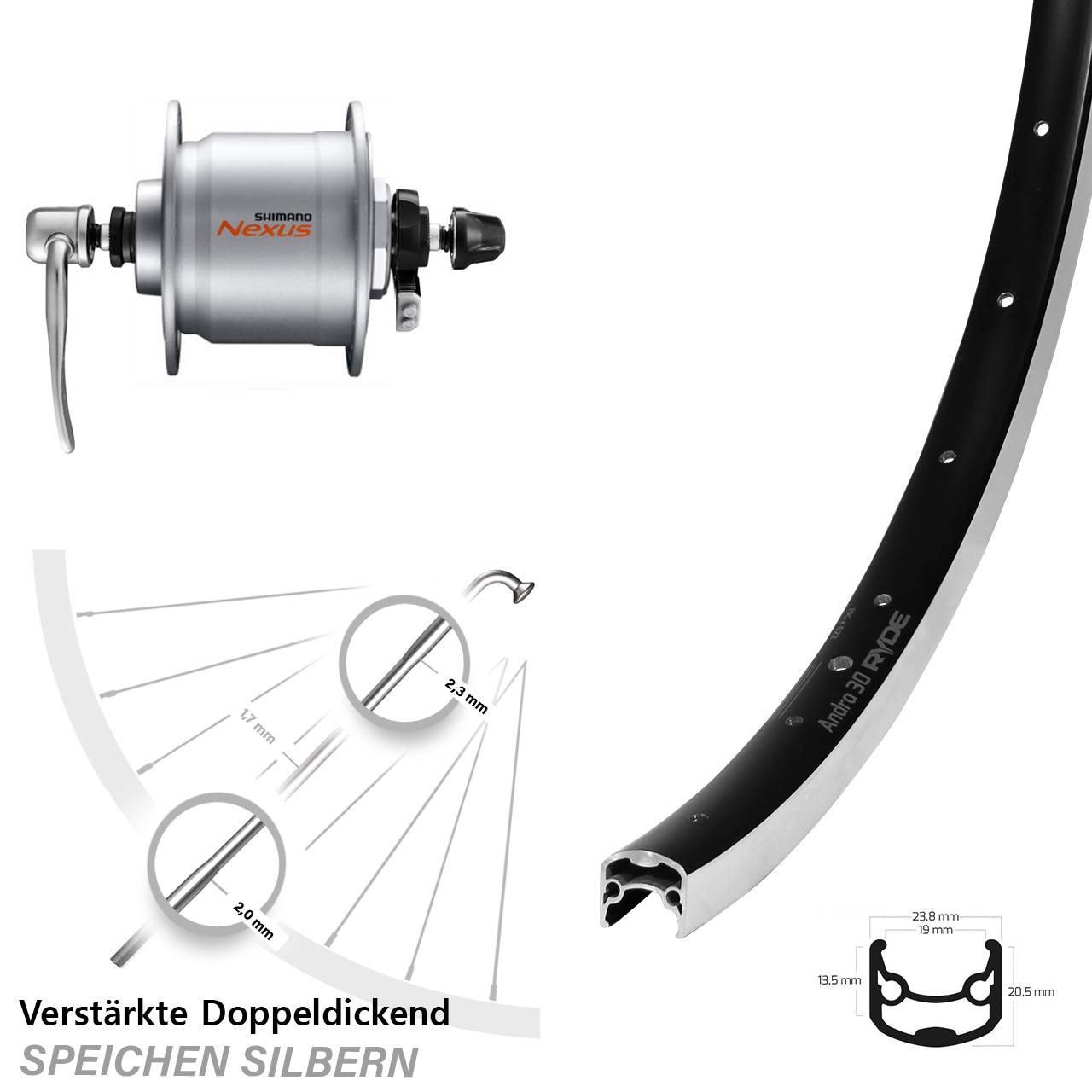 26 Zoll Ryde Andra 30 Shimano Nexus DH-C3000 Nabendynamovorderrad QR