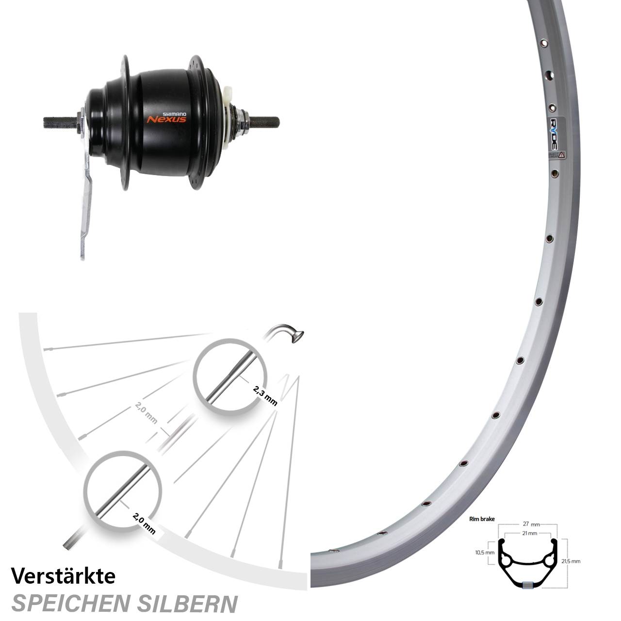 28 Zoll Hinterrad Ryde ZAC 421 Shimano Nexus 8 Gang Rücktritt silbern