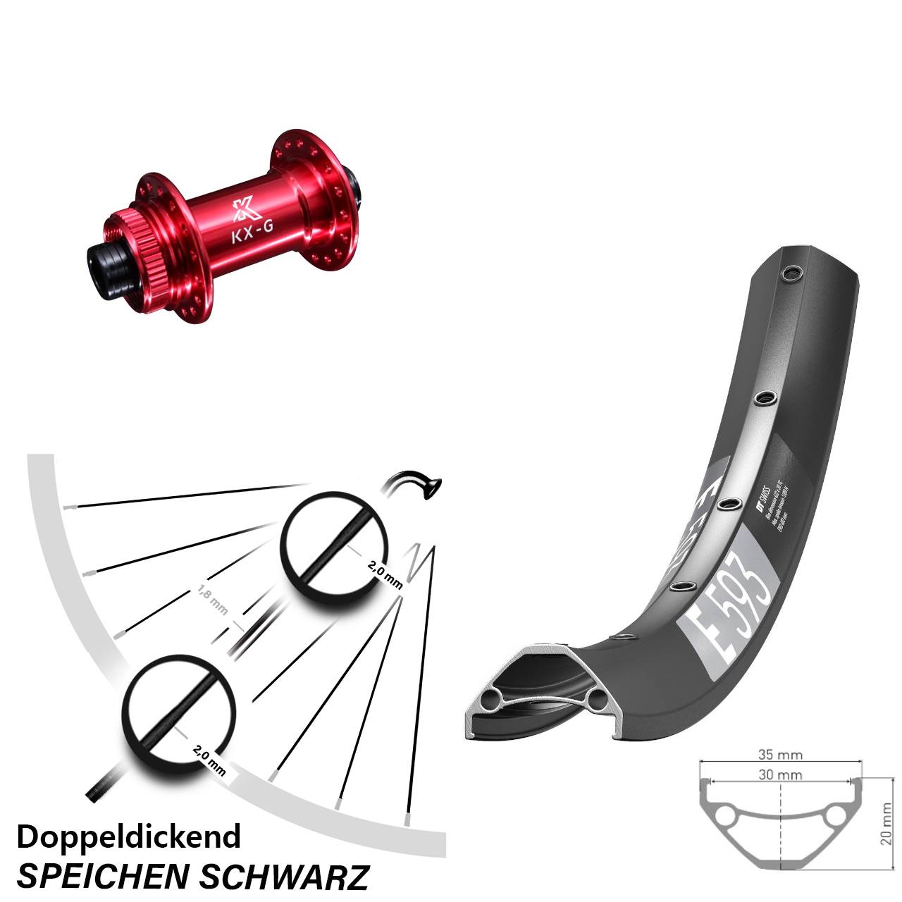 29 Zoll DT Swiss E 593 KX-G rot Disc Vorderrad 15x100