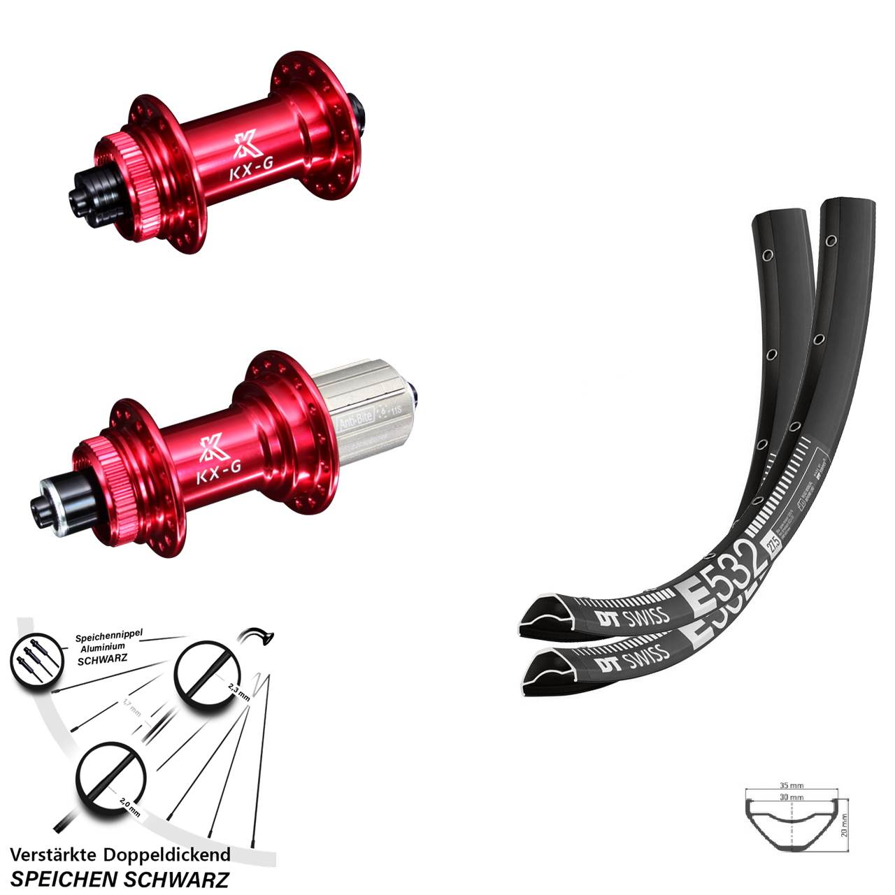 Disc Laufrad-Satz für Schnellspanner 29 Zoll DT Swiss E 532 KX-G rot 8-12 fach