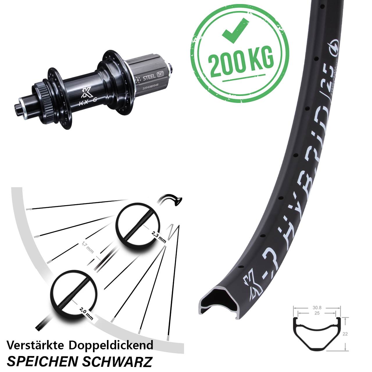 26 Zoll KX-R Hybrid 25 schwarz verstärkt Disc Hinterrad für Schnellspanner 8-12 fach HG