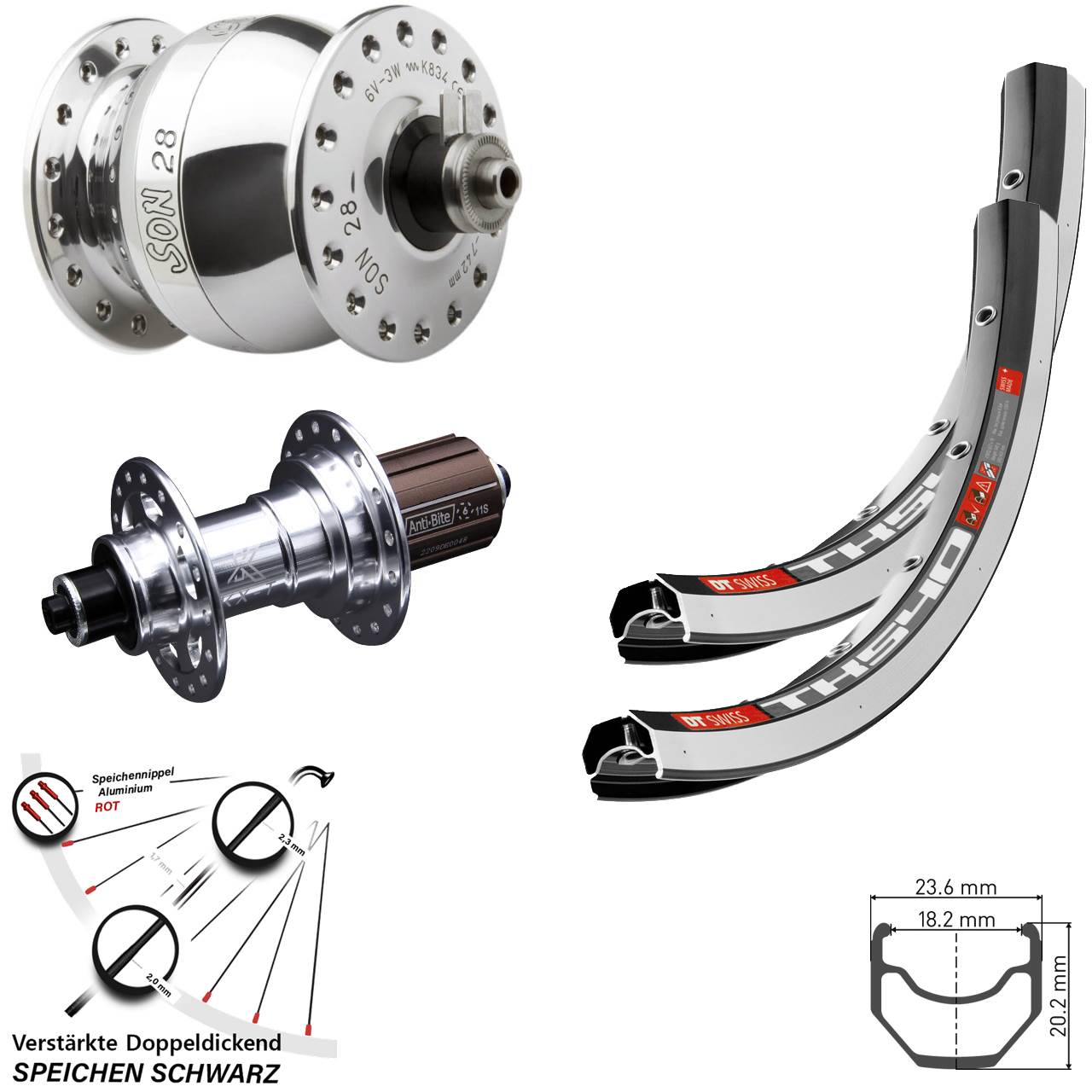 SON 28 Zoll DT Swiss TK 540 KX-T poliert Laufradsatz 5x100/130 8-12 fach