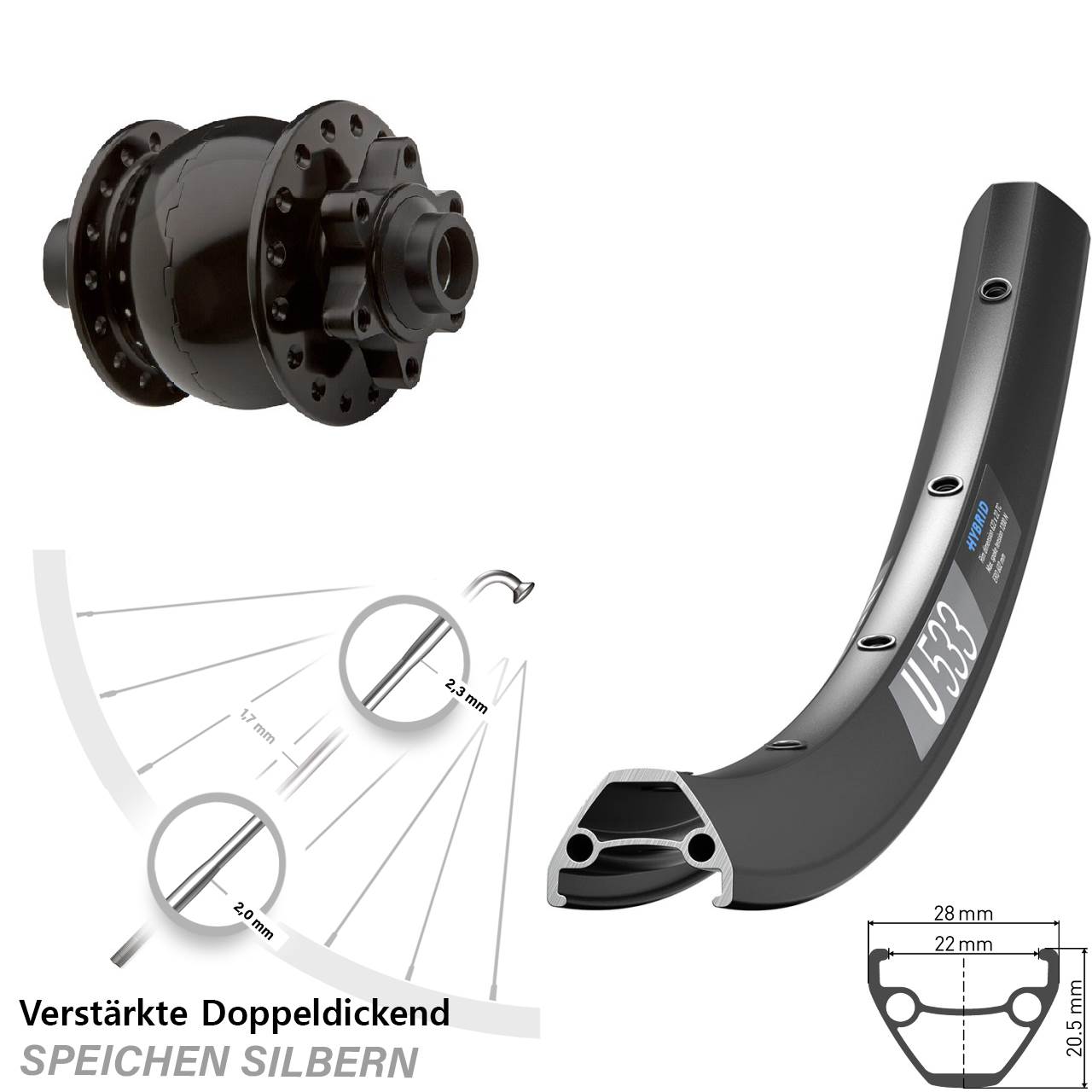 6-Loch Dynamo-Vorderrad 29 Zoll DT Swiss U 533 SON 28 15x100