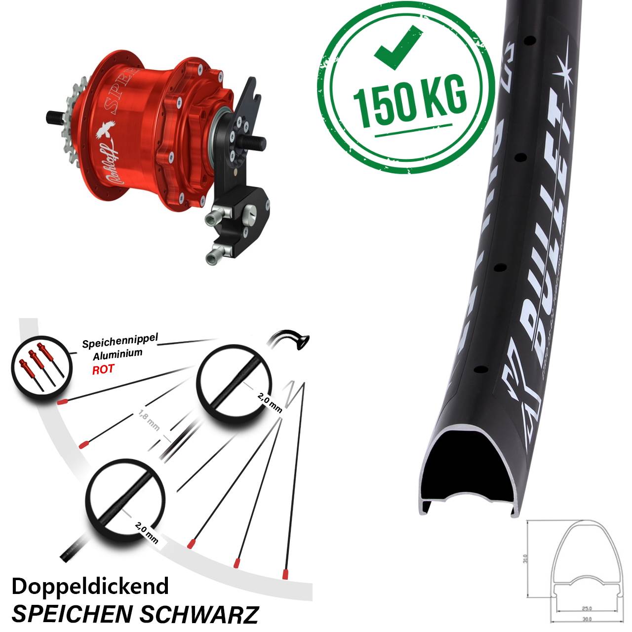 KX Bullet Rohloff TS DB OEM2 Tandem rot 28-29 Zoll Disc Hinterrrad