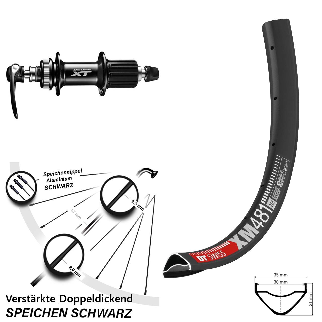 27,5 Zoll DT Swiss XM 481 Shimano XT Disc Laufrad für Schnellspanner 8-11 fach