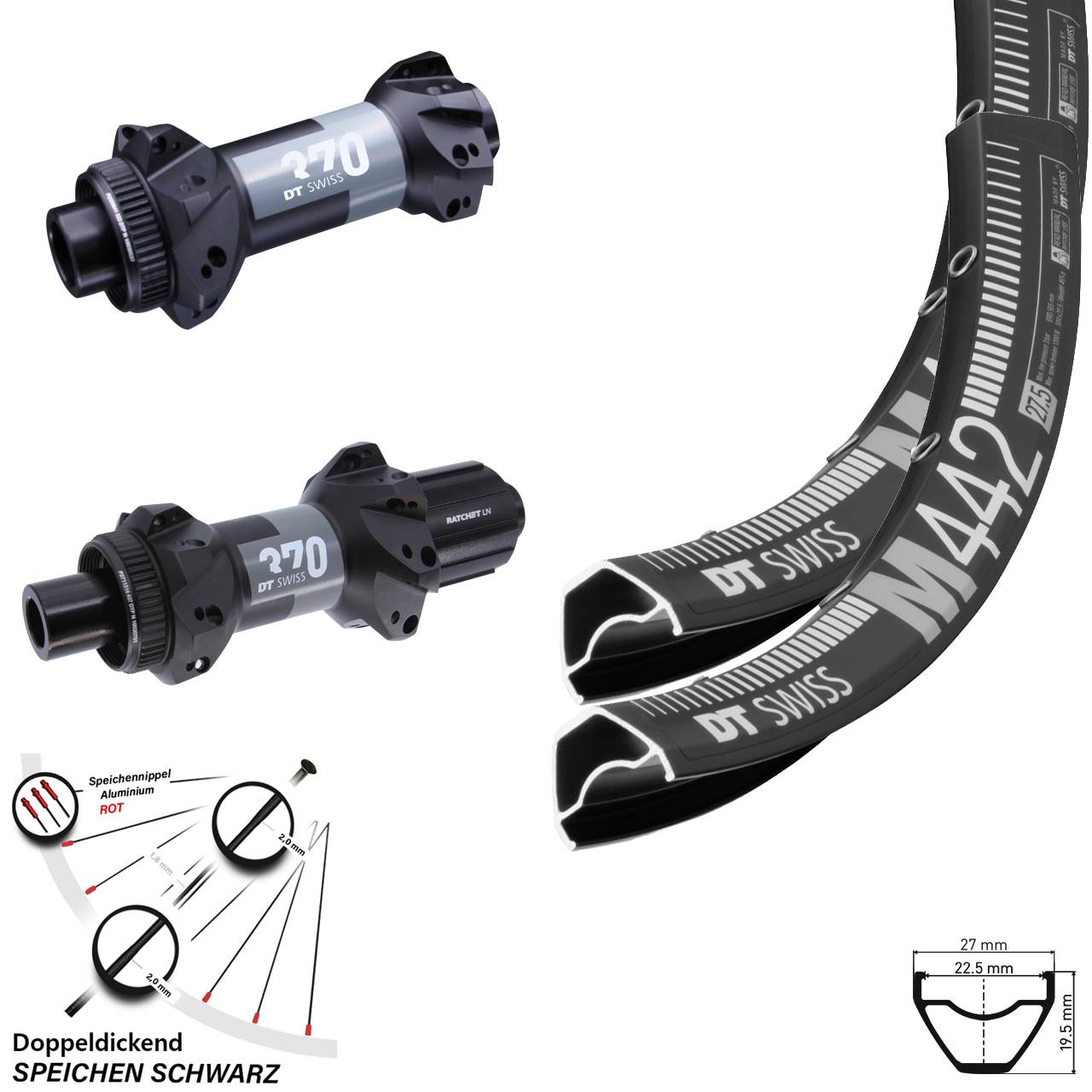 DT Swiss M 442 370 Straightpull 29 Zoll Laufradsatz Centerlock 15x110 12x148 8-11 fach