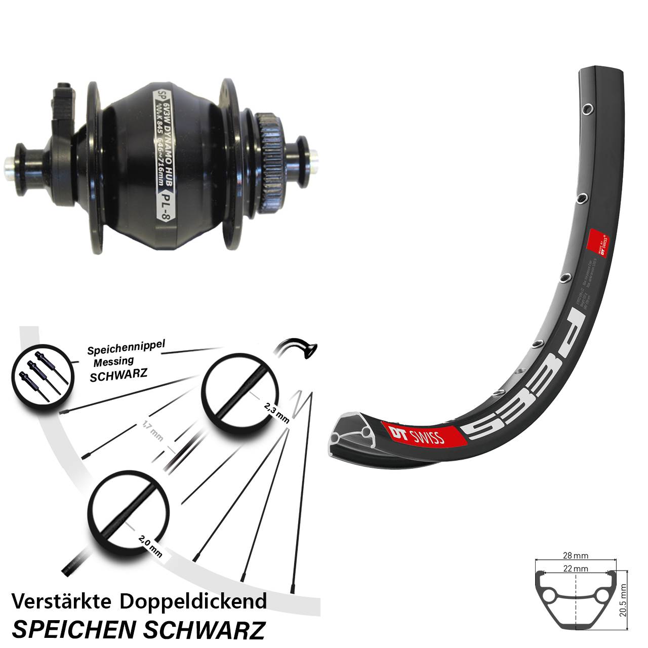 26 Zoll DT Swiss 533 D Shutter Precision PL-8 Dynamo-Vorderrad Centerlock QR