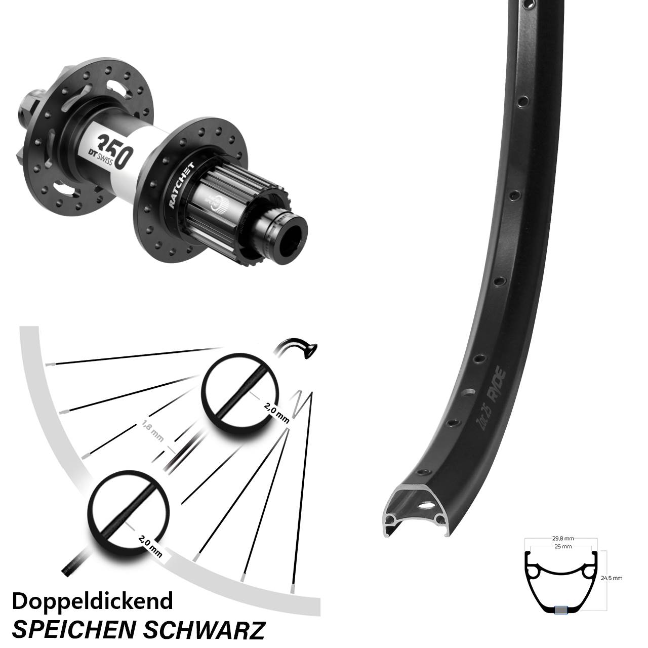 Hinterrad 28-29 Zoll Ryde ZAC 25 DT Swiss 350 12x148 6-Loch Micro Spline