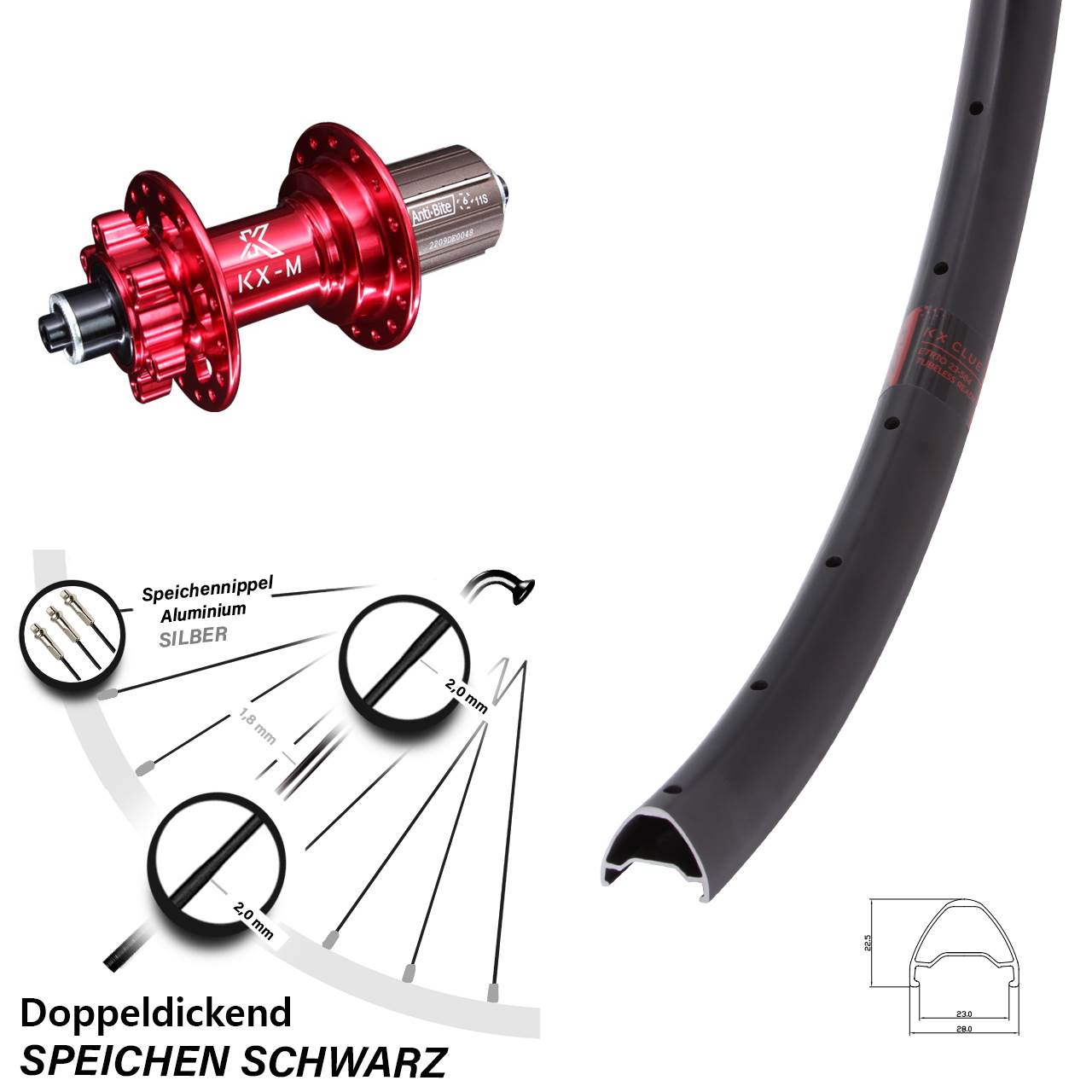 6-Loch Hinterrad QR 27,5 Zoll KX-M Clue rot 8-12 fach HG