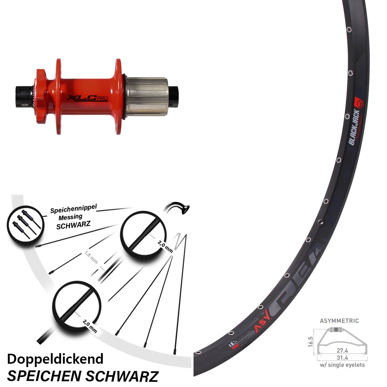 27,5 Zoll Hinterrad XLC Pro rot 12x142 mm Rodi Ready 27 Disc 6-Loch 8-11 fach