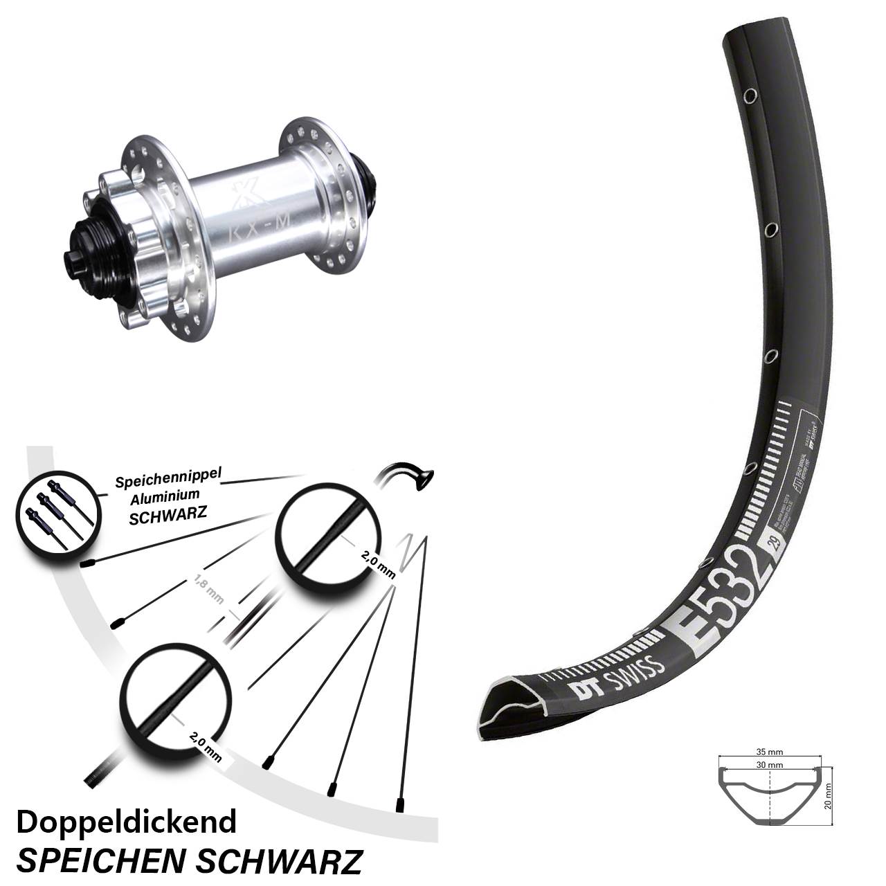 29 Zoll DT Swiss E 532 Disc KX-M 6-Loch Vorderrad QR