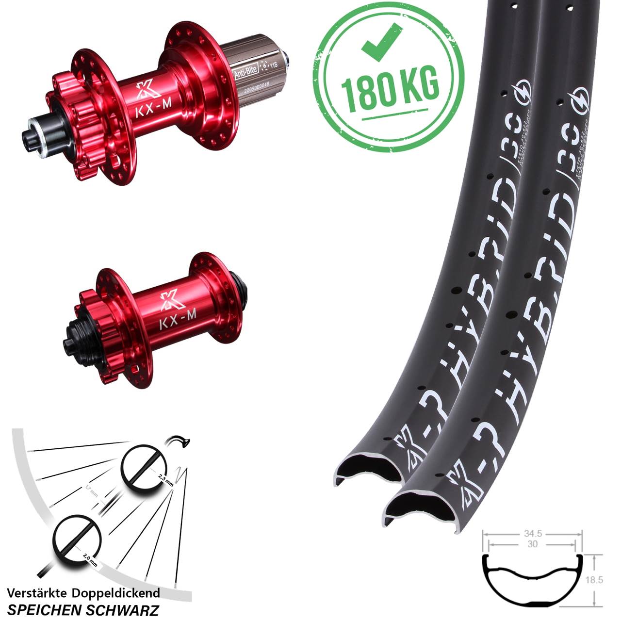 Disc Laufradsatz für Schnellspanner 29 Zoll KX-MR Hybrid 30 rot 8-12 fach HG