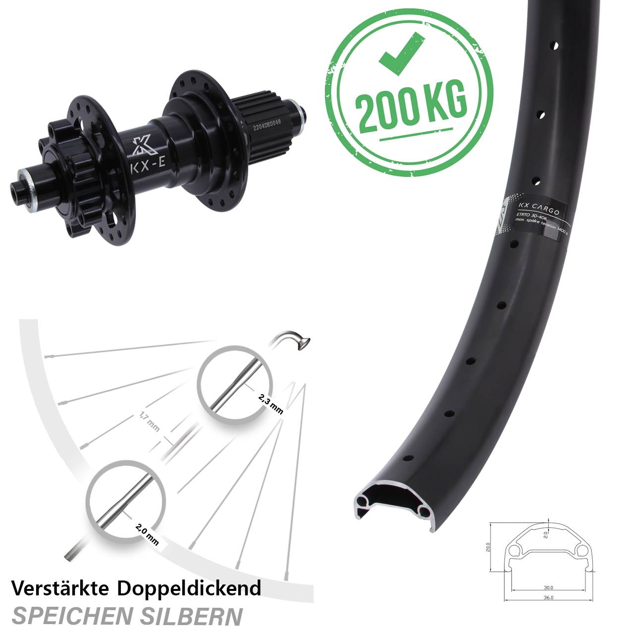 Disc Laufrad 20 Zoll KX-E Cargo Shimano Micro Spline QR