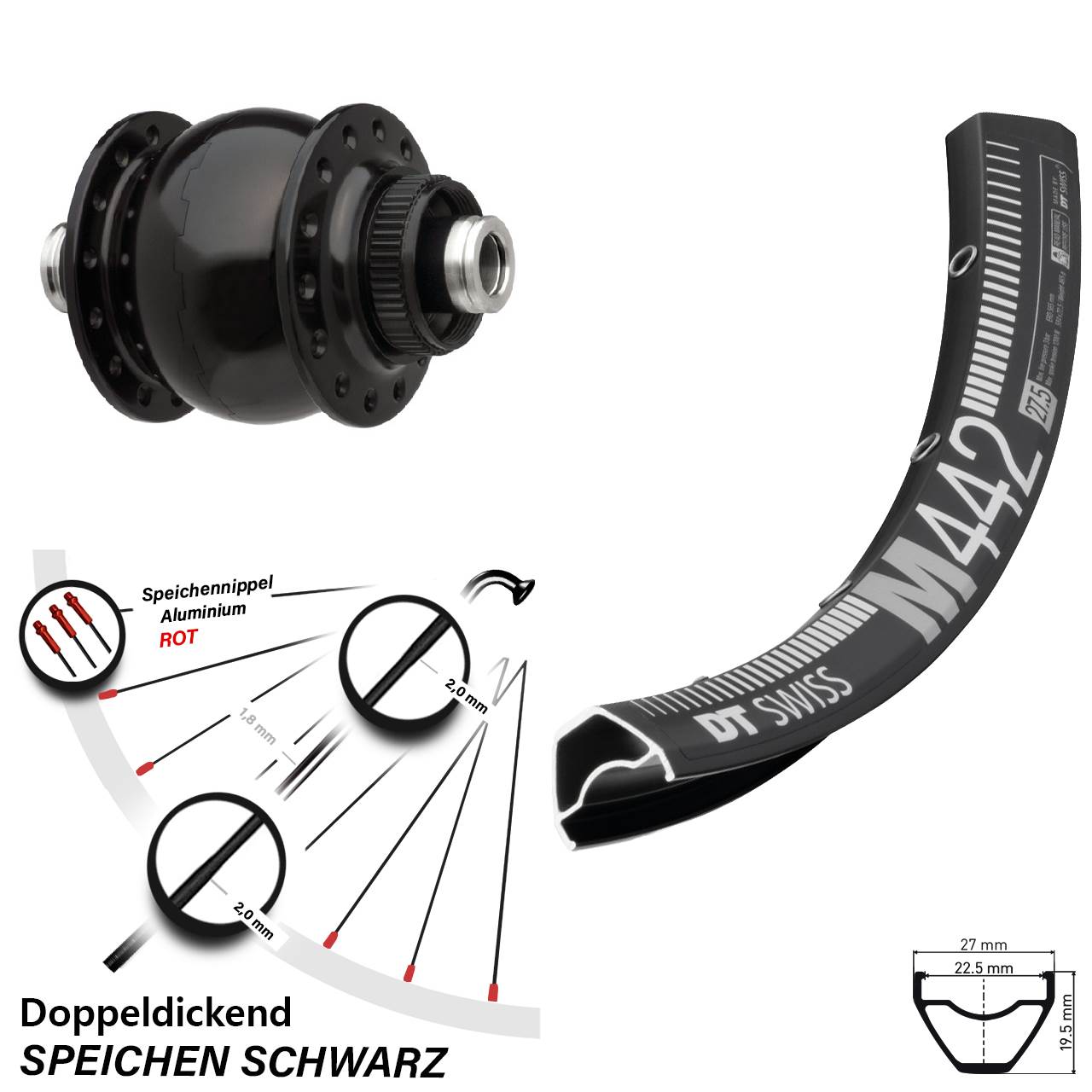 28-29 Zoll DT Swiss M 442 SON 28 Centerlock Vorderrad mit Nabendynamo 12x100