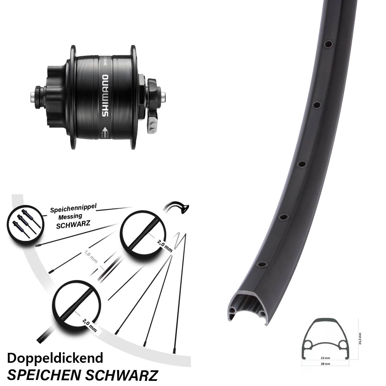 Ambrosio Sport Shimano DH-3D32 28 Zoll Vorderrad mit Nabendynamo 6-Loch für Schnellspanner