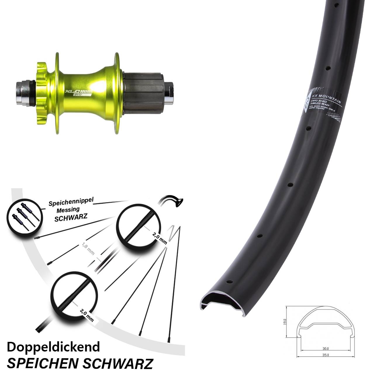 KX Mountain 29 Zoll Hinterrad 12x142 mm Steckachse XLC Evo grün-eloxiert 6-loch 8-11 fach