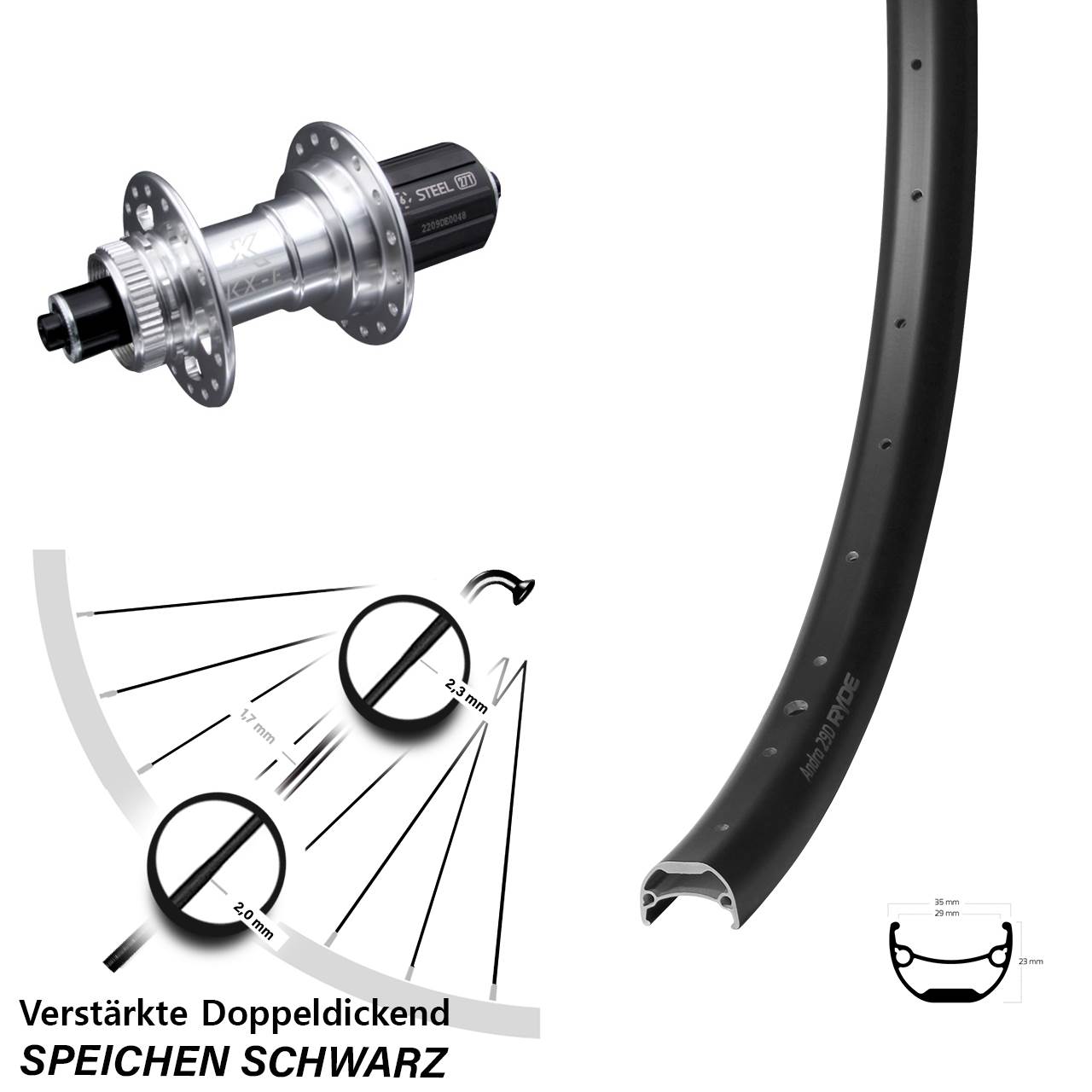 27,5 Zoll Ryde Andra 29 verstärkt KX-E Nabe silbern-eloxiert 5x135 mm 8-12 fach