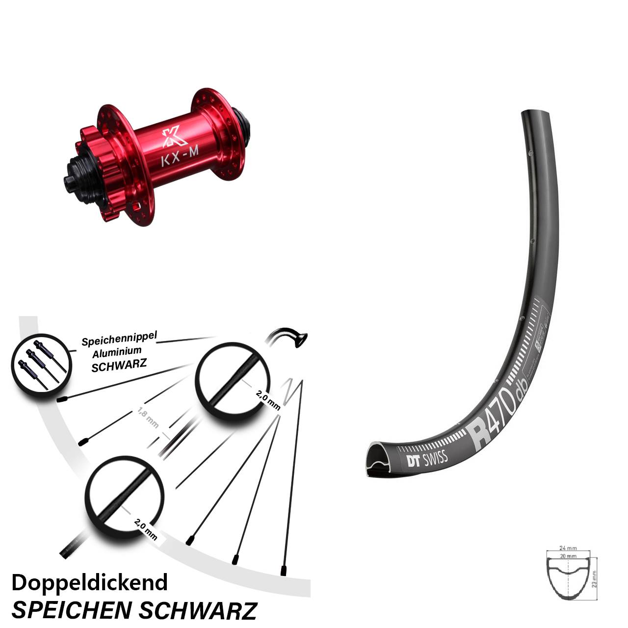 DT Swiss R 470 DB Vorderrad 28 Zoll Schnellspanner KX-M rot eloxiert 6-loch