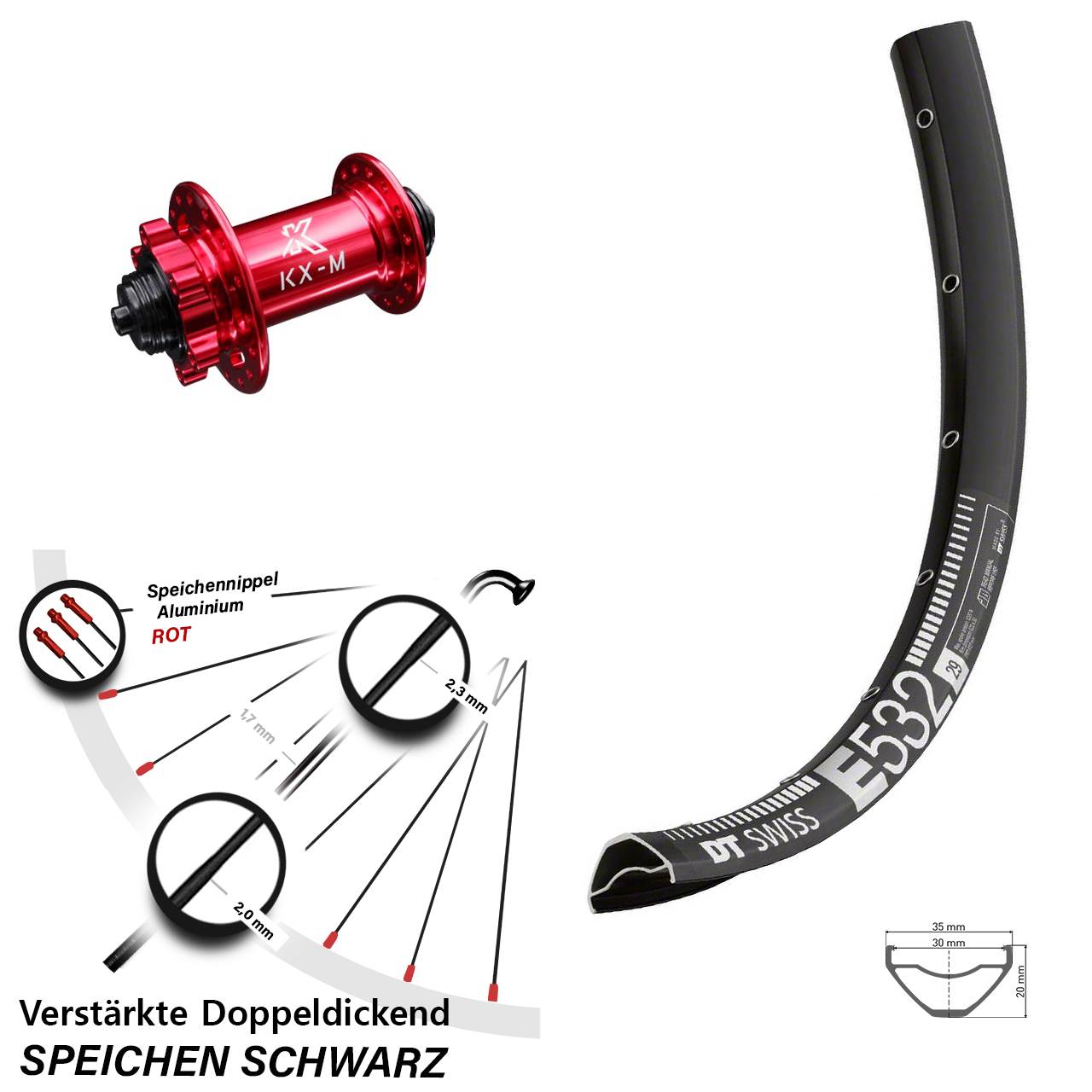 29 Zoll DT Swiss E 532 KX-M rot Vorderrad 6-Loch QR
