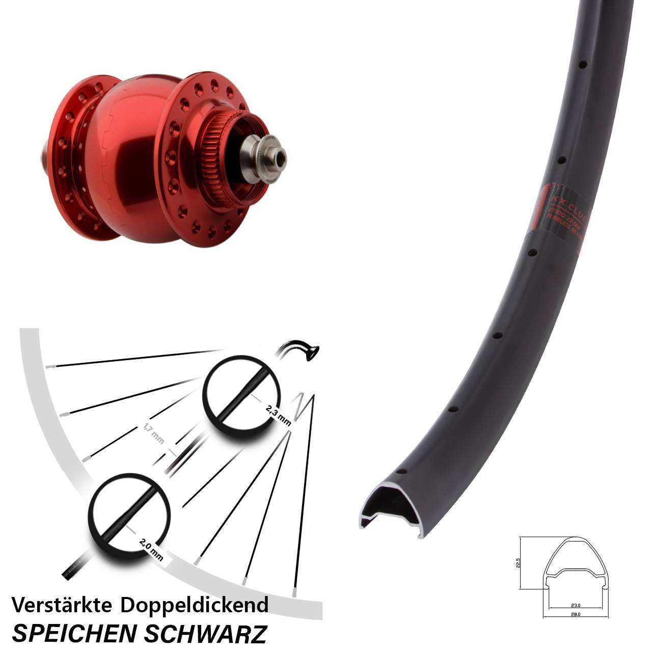 Disc Laufrad mit Nabendynamo für Schnellspanner 26 Zoll KX Clue SON delux rot
