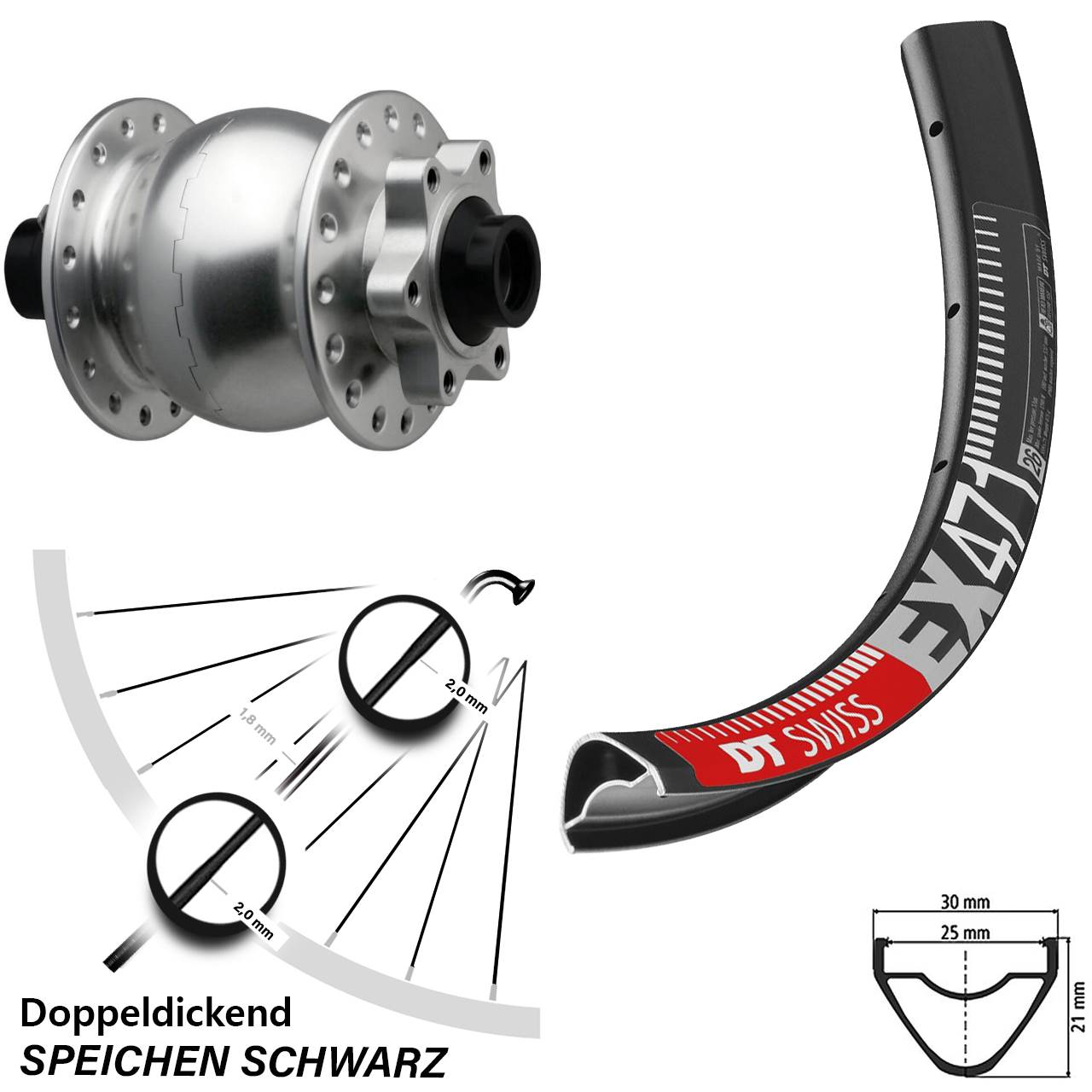 Disc Vorderrad mit Nabendynamo 26 Zoll DT Swiss EX471 SON 28 silbern 15x110 Boost
