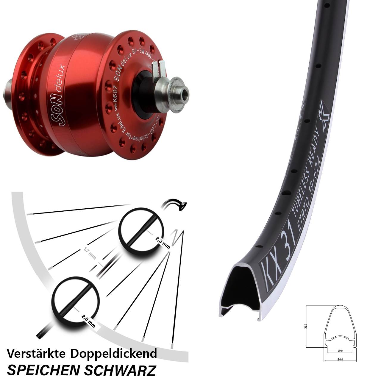 Vorderrad 28 Zoll KX 31 SON delux Felgenbremse rot