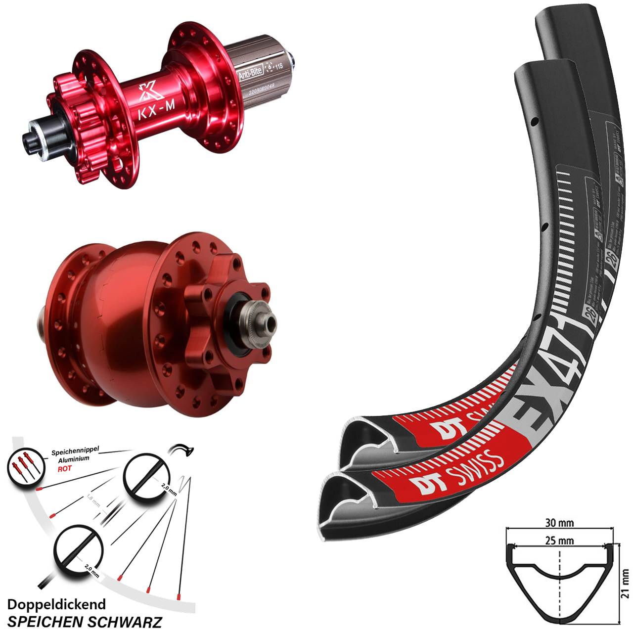 DT Swiss EX 471 Laufradsatz 29 Zoll Dynamo SON 28 rot eloxiert KX-M 6-loch Schnellspanner