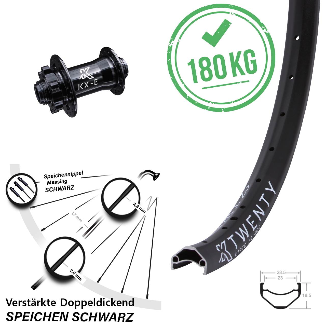 Vorderrad Cargo light 15x100 mm Steckachse 6-Loch KX-E Twenty 20 Zoll schwarz