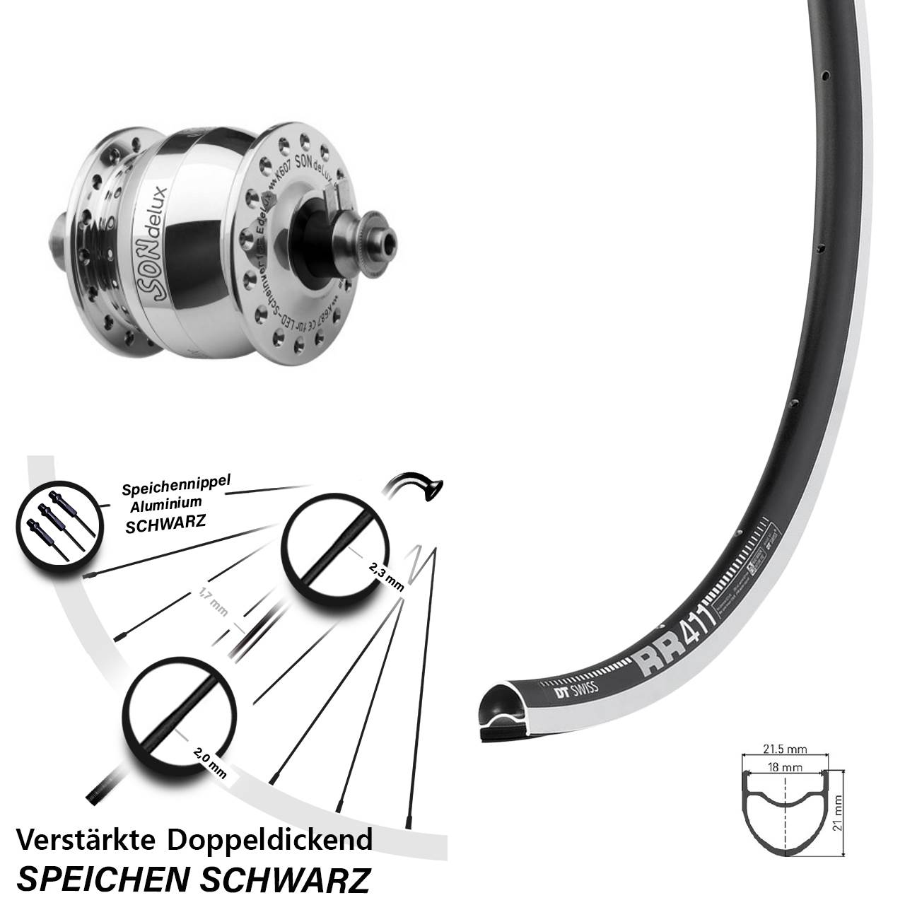 28 Zoll DT Swiss RR 411 SON delux Dynamo-Vorderrad für Schnellspanner